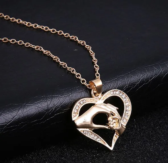 N712 Gold Mom Baby Holding Hands Rhinestone Heart Necklace with FREE Earrings Alice Necklaces