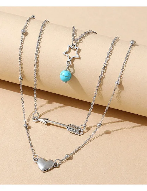 Necklaces 02 N1241 Silver Star Heart Arrow Layered Necklace with FREE Earrings