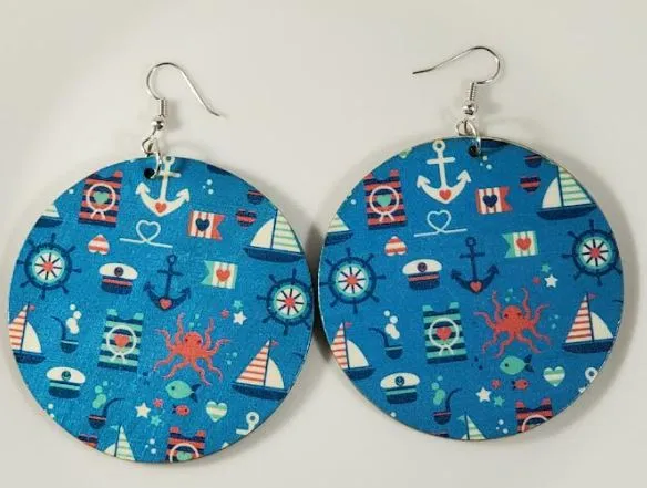 polly Earrings E1437 Large Round Wooden Boat Theme Earrings