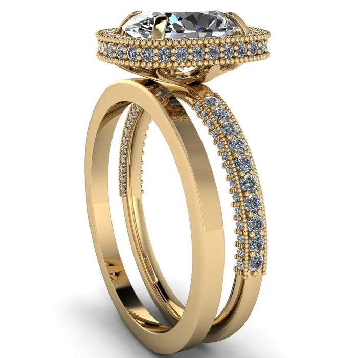 Rings Fire Brilliance Paulina Oval Center Stone Half Eternity Milgrain Fleur de Lis Inspired Design Ring