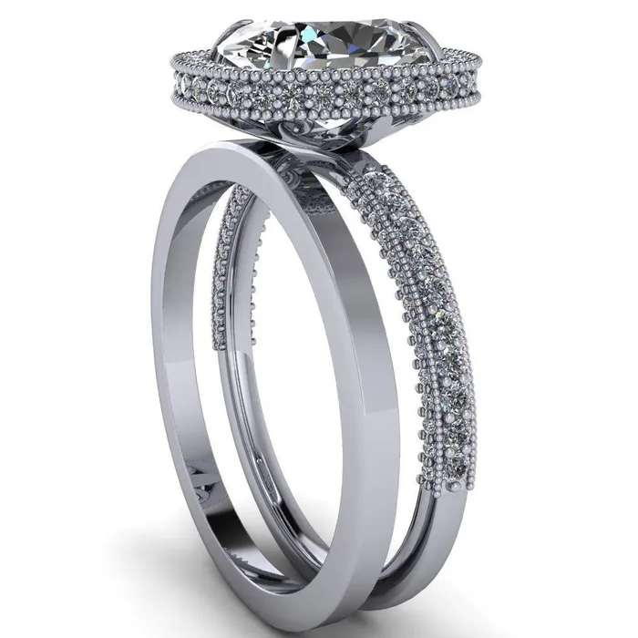 Rings Fire Brilliance Paulina Oval Center Stone Half Eternity Milgrain Fleur de Lis Inspired Design Ring