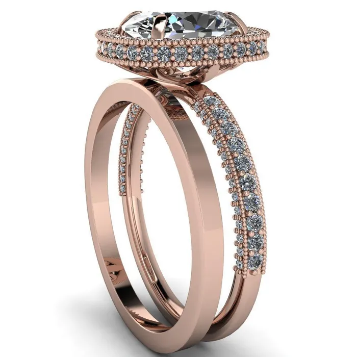Rings Fire Brilliance Paulina Oval Center Stone Half Eternity Milgrain Fleur de Lis Inspired Design Ring