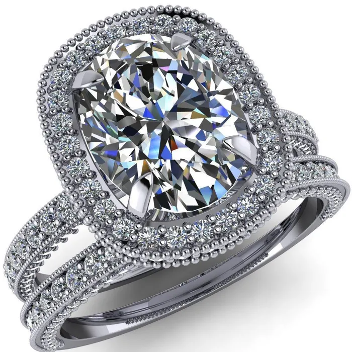 Rings Fire Brilliance Paulina Oval Center Stone Half Eternity Milgrain Fleur de Lis Inspired Design Ring