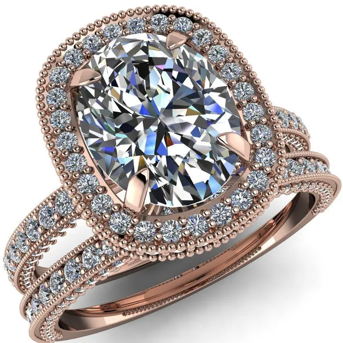 Rings Fire Brilliance Paulina Oval Center Stone Half Eternity Milgrain Fleur de Lis Inspired Design Ring