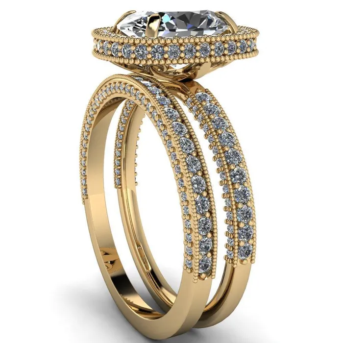 Rings Fire Brilliance Paulina Oval Center Stone Half Eternity Milgrain Fleur de Lis Inspired Design Ring