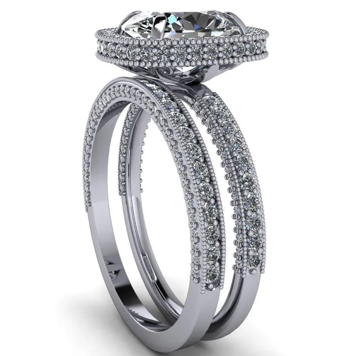 Rings Fire Brilliance Paulina Oval Center Stone Half Eternity Milgrain Fleur de Lis Inspired Design Ring