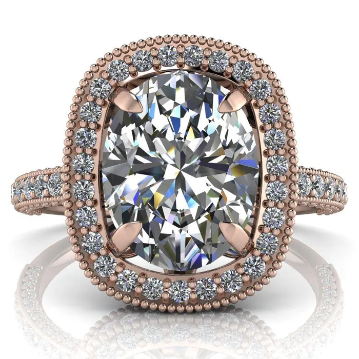 Rings Fire Brilliance Paulina Oval Center Stone Half Eternity Milgrain Fleur de Lis Inspired Design Ring