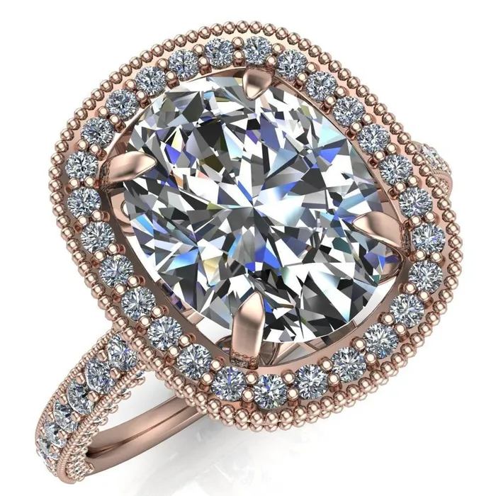 Rings Fire Brilliance Paulina Oval Center Stone Half Eternity Milgrain Fleur de Lis Inspired Design Ring
