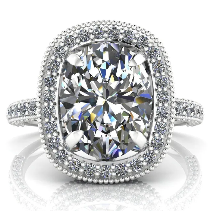 Rings Fire Brilliance Paulina Oval Center Stone Half Eternity Milgrain Fleur de Lis Inspired Design Ring