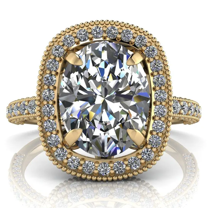 Rings Fire Brilliance Paulina Oval Center Stone Half Eternity Milgrain Fleur de Lis Inspired Design Ring