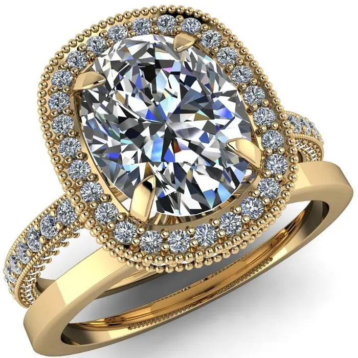 Rings Fire Brilliance Paulina Oval Center Stone Half Eternity Milgrain Fleur de Lis Inspired Design Ring