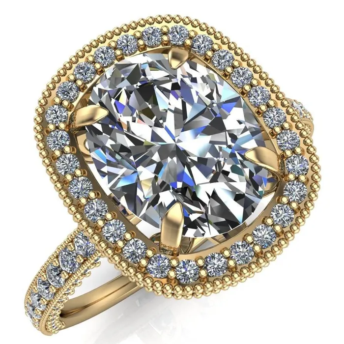 Rings Fire Brilliance Paulina Oval Center Stone Half Eternity Milgrain Fleur de Lis Inspired Design Ring