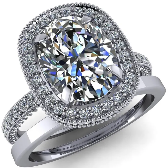 Rings Fire Brilliance Paulina Oval Center Stone Half Eternity Milgrain Fleur de Lis Inspired Design Ring