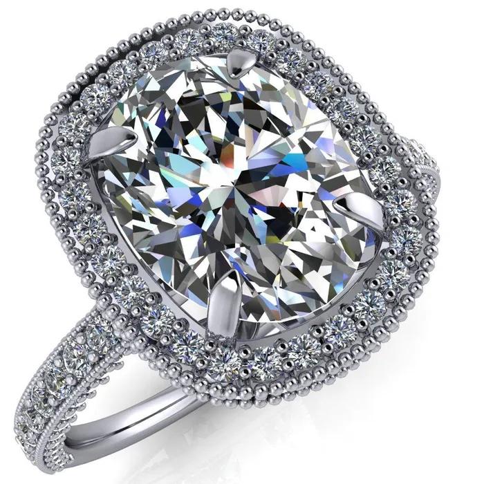 Rings Fire Brilliance Paulina Oval Center Stone Half Eternity Milgrain Fleur de Lis Inspired Design Ring