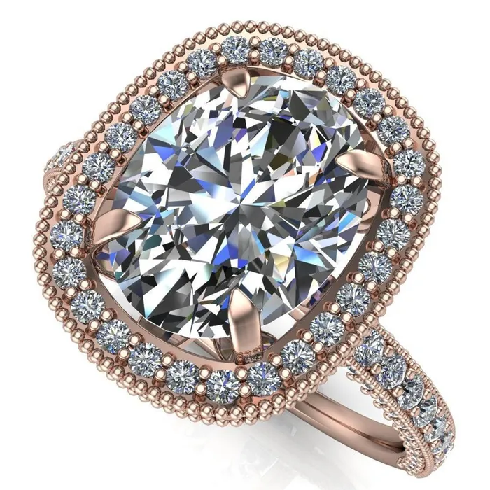 Rings Fire Brilliance Paulina Oval Center Stone Half Eternity Milgrain Fleur de Lis Inspired Design Ring
