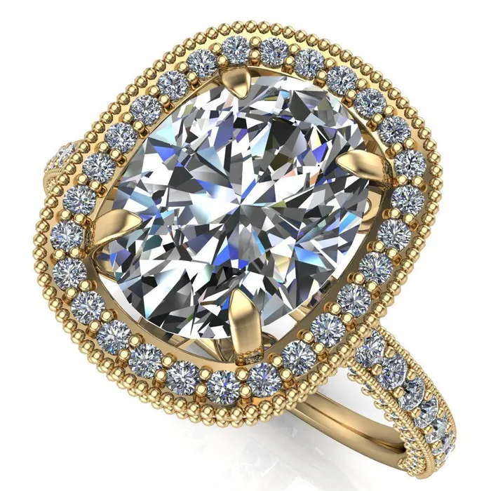Rings Fire Brilliance Paulina Oval Center Stone Half Eternity Milgrain Fleur de Lis Inspired Design Ring