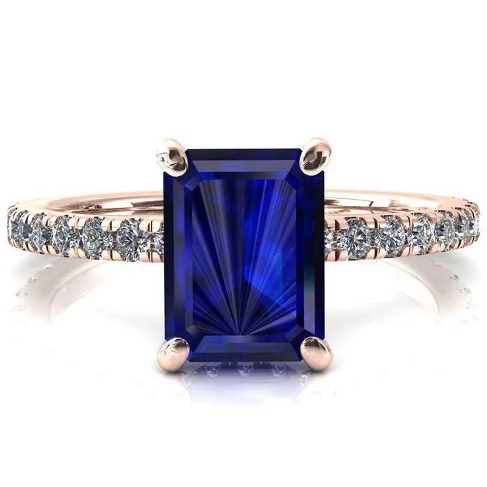 Rings Fire Brilliance Sicili Emerald Blue Sapphire 4 Prong 34 Micro Pave Diamond Engagement Ring