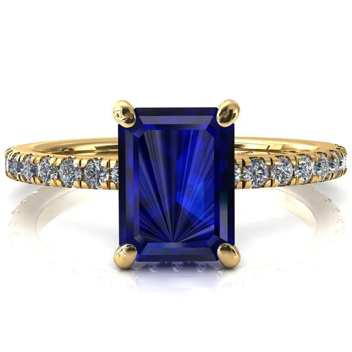 Rings Fire Brilliance Sicili Emerald Blue Sapphire 4 Prong 34 Micro Pave Diamond Engagement Ring