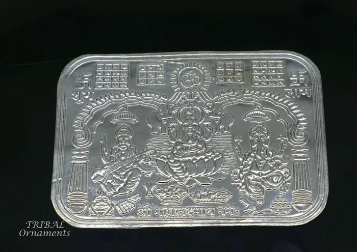 TRIBAL ORNAMENTS Necklaces 9x63 cm 925 sterling silver handmade Shree lakshmi frame Ganesha and Sarashwati silver holy divine article for wealth and prosperity su847