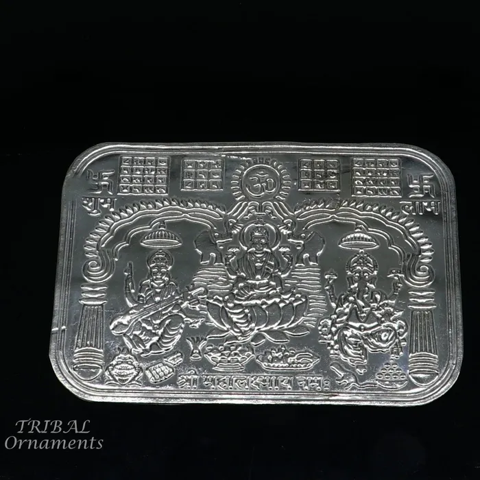 TRIBAL ORNAMENTS Necklaces 9x63 cm 925 sterling silver handmade Shree lakshmi frame Ganesha and Sarashwati silver holy divine article for wealth and prosperity su847