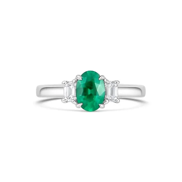 14K White Gold Oval Emerald Ring with Emerald Cut Diamond Sides Meierotto Jewelers Rings 14K White Gold Oval Emerald Ring with Emerald Cut Diamond Sides Meierotto Jewelers Rings