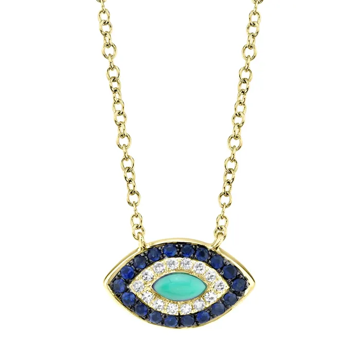 14K Yellow Gold Blue Sapphire Composite Turquoise Diamond Evil Eye Necklace Meierotto Jewelers Necklaces 14K Yellow Gold Blue Sapphire Composite Turquoise Diamond Evil Eye Necklace Meierotto Jewelers Necklaces