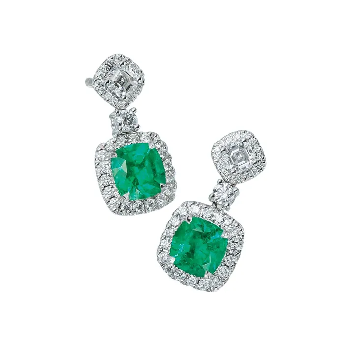 18K White Gold Cushion Cut Emerald Dangle Earrings with Diamonds Meierotto Jewelers Earrings 18K White Gold Cushion Cut Emerald Dangle Earrings with Diamonds Meierotto Jewelers Earrings