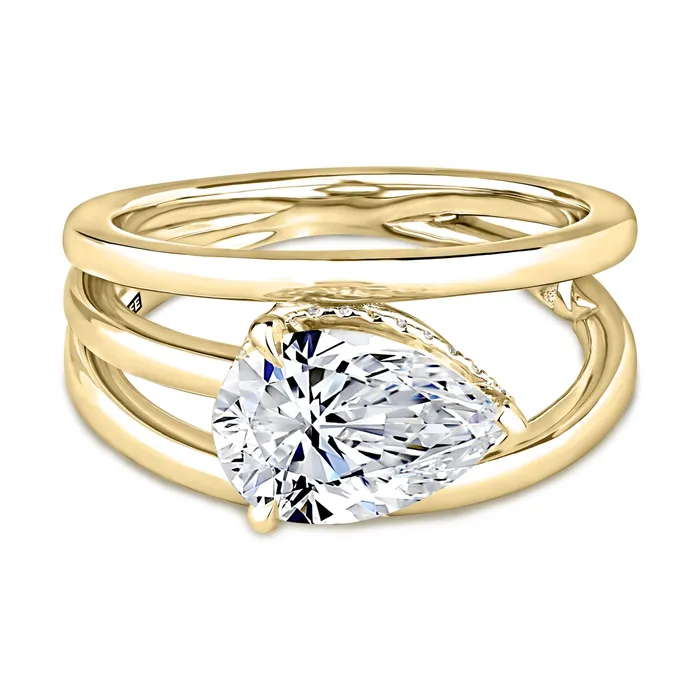 A Jaffe 14K Yellow Gold Split Semi Mount East to West Pear Ring with Hidden Diamond Halo A Jaffe Rings A Jaffe 14K Yellow Gold Split Semi Mount East to West Pear Ring with Hidden Diamond Halo A Jaffe Rings