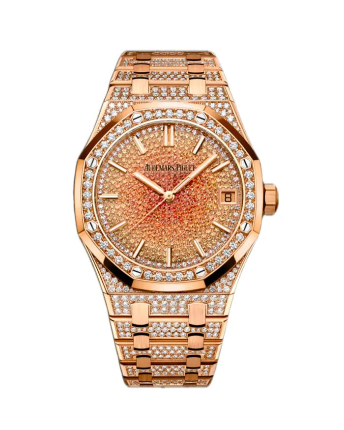 Audemars Piguet Royal Oak Selfwinding 41mm Mens Watch Ref 15502ORZZ1222OR01 Pave Diamond Orange Sapphires Dial in 18K Rose Gold Diamond Bracelet Audemars Piguet Bracelets