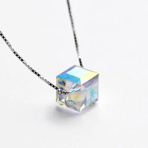 Belbren Necklaces Aurora Borealis Crystal Cube Necklace Swarovski Opalescent Good Luck Charm Jewelry for Women