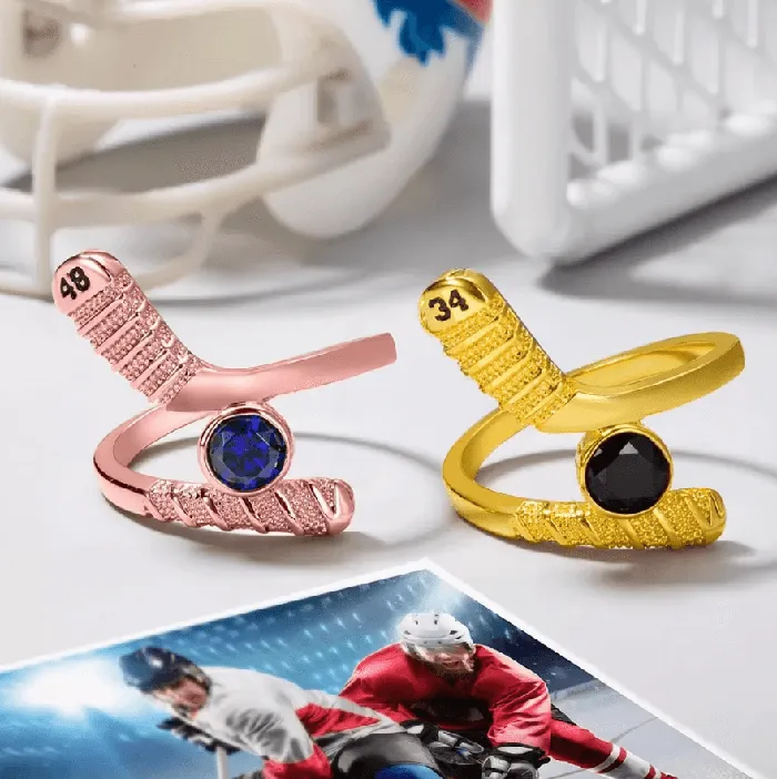 Belbren Personalized Hockey Stick Ring with Player Number Birthstone Custom Silver Jewelry for Hockey Moms Wives and Girls Rings