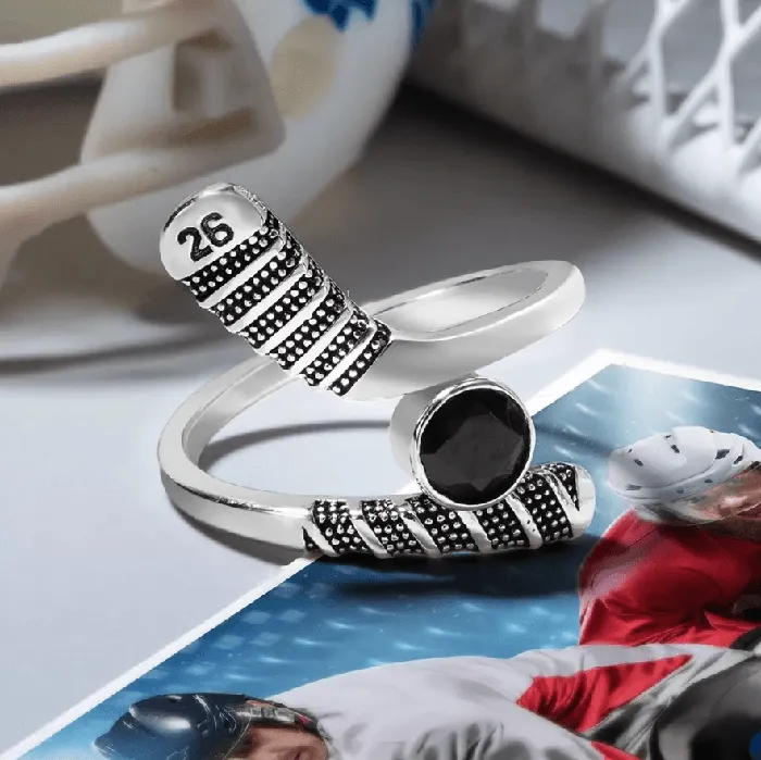 Belbren Personalized Hockey Stick Ring with Player Number Birthstone Custom Silver Jewelry for Hockey Moms Wives and Girls Rings