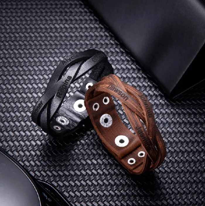 Bracelets Belbren Personalized Mens Leather Bracelet with Custom Engraving Name Childrens Names Perfect Fathers Day Gift