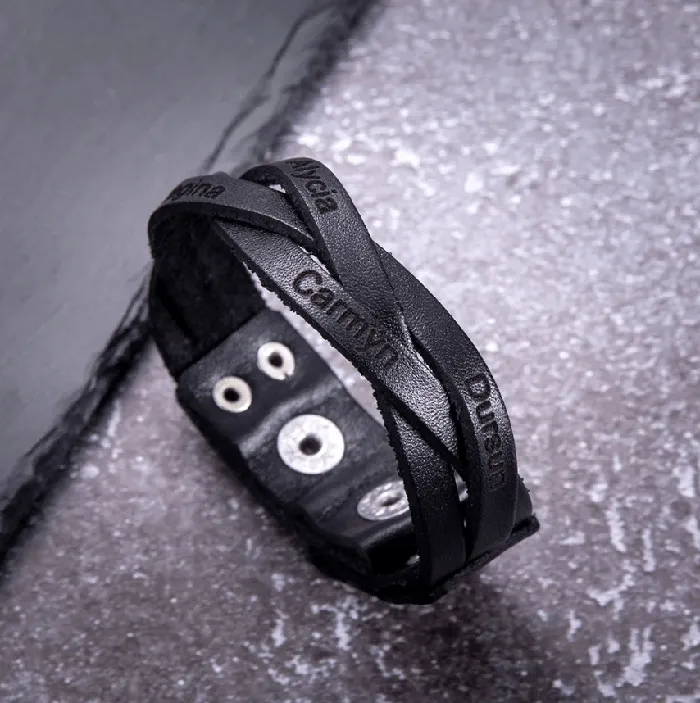 Bracelets Belbren Personalized Mens Leather Bracelet with Custom Engraving Name Childrens Names Perfect Fathers Day Gift