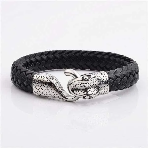 Bracelets Diamond Source NYC 316L Stainless Steel Snake Head Real Cow Leather Bracelet Black Bracelets Diamond Source NYC 316L Stainless Steel Snake Head Real Cow Leather Bracelet Black