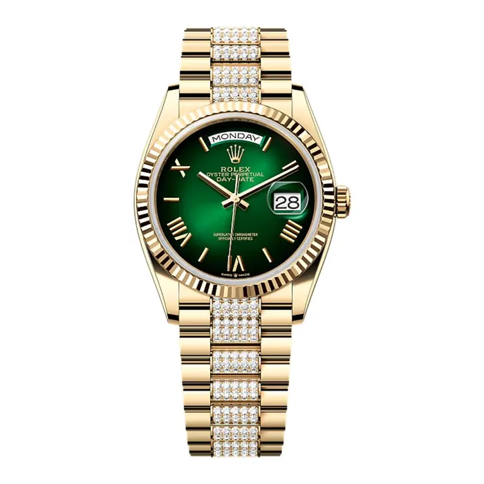 Bracelets Rolex 2024 Release Rolex DayDate 36 mm 18k yellow gold President Diamond bracelet Bright green dial Fluted bezel Mens Watch 128238 Bracelets Rolex 2024 Release Rolex DayDate 36 mm 18k yellow gold President Diamond bracelet Bright green dial Fluted bezel Mens Watch 128238