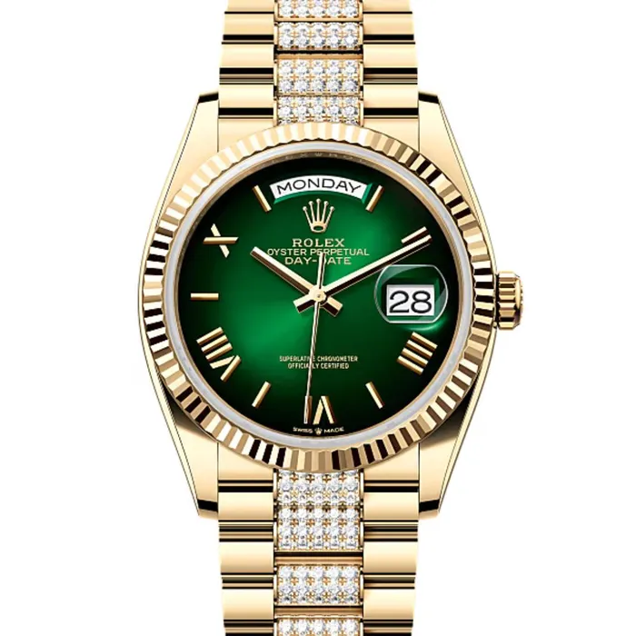 Bracelets Rolex 2024 Release Rolex DayDate 36 mm 18k yellow gold President Diamond bracelet Bright green dial Fluted bezel Mens Watch 128238