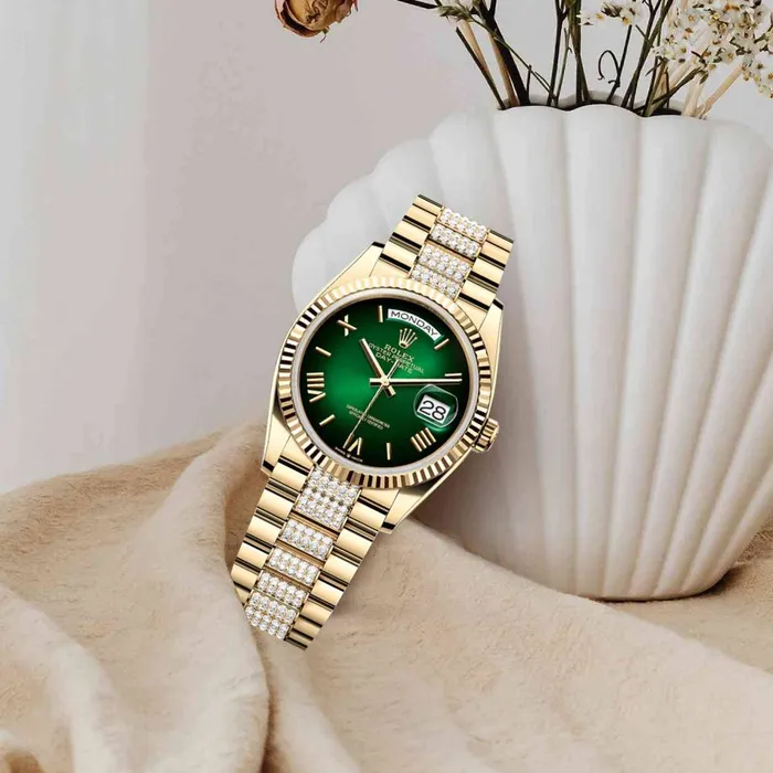 Bracelets Rolex 2024 Release Rolex DayDate 36 mm 18k yellow gold President Diamond bracelet Bright green dial Fluted bezel Mens Watch 128238
