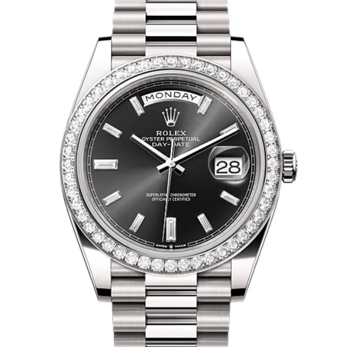 Bracelets Rolex Day Date 40mm Ref 228349rbr0003 Black Diamond Dial Diamond Bezel Platinum President Bracelet Mens Watch Rolex