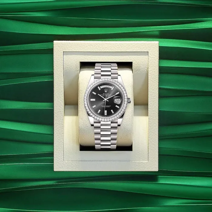 Bracelets Rolex Day Date 40mm Ref 228349rbr0003 Black Diamond Dial Diamond Bezel Platinum President Bracelet Mens Watch Rolex