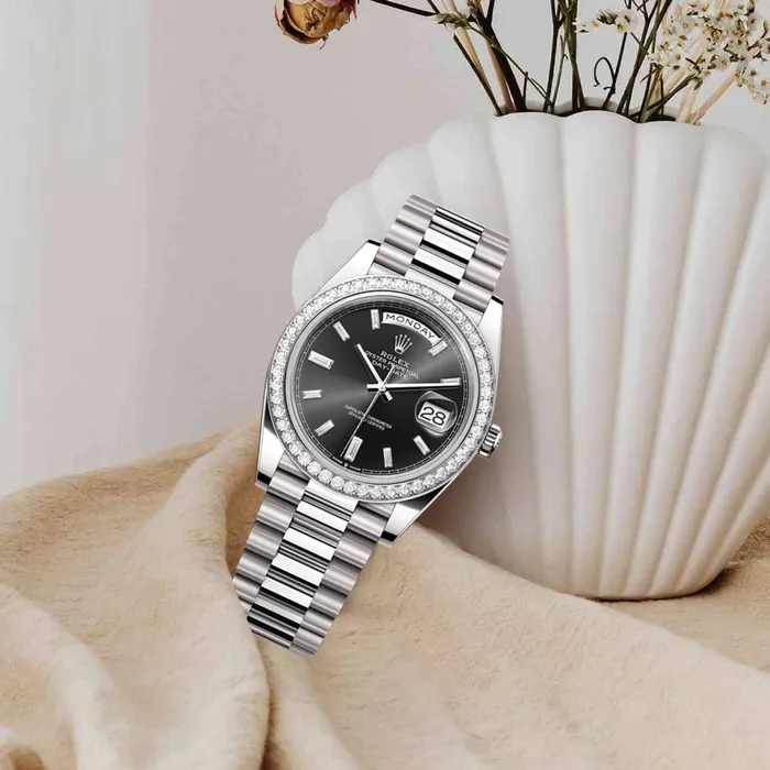 Bracelets Rolex Day Date 40mm Ref 228349rbr0003 Black Diamond Dial Diamond Bezel Platinum President Bracelet Mens Watch Rolex