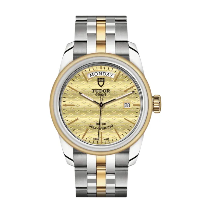 Bracelets Tudor Glamour Date Day 39mm Watch Ref M560030003 Champagne Jacquard Index Dial 18K Yellow Gold Bezel Two Tone Stainless Steel and 18K Yellow Gold Bracelet Tudor