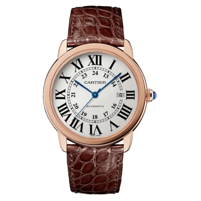 Cartier Ronde Solo de Cartier 42mm Watch Ref W6701009 Silver Roman Arabic Dial in 18K Rose Gold Case Brown Alligator Strap Cartier Earrings Cartier Ronde Solo de Cartier 42mm Watch Ref W6701009 Silver Roman Arabic Dial in 18K Rose Gold Case Brown Alligator Strap Cartier Earrings