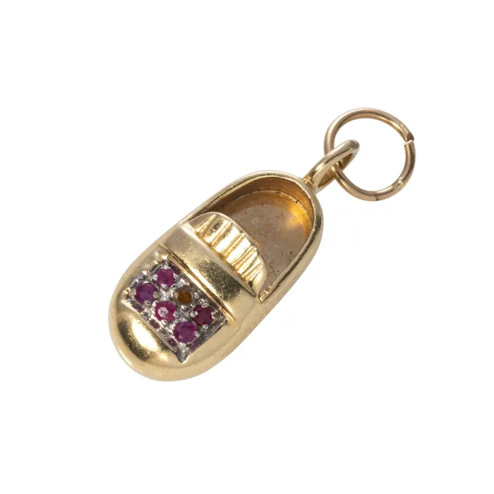 Charm Necklaces Vintage Red Stone 14K Gold Baby Shoe Charm Croghans