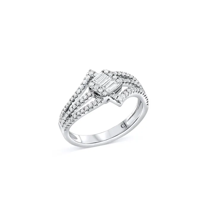 CJ Charles Jewelers Rings 18K White Gold Diamond Offset Square Triple Split Shank Ring CJ Charles Jewelers Rings 18K White Gold Diamond Offset Square Triple Split Shank Ring