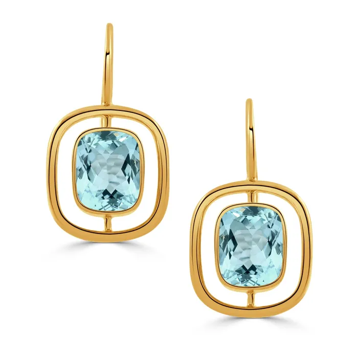 Croghans Earrings 65ctw Cushion Blue Topaz 18K Yellow Gold Leverback Earrings Croghans Earrings 65ctw Cushion Blue Topaz 18K Yellow Gold Leverback Earrings