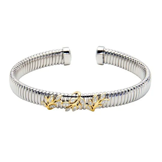 Croghans Rings CZ Leaf Gold Plated Silver Tubogas Cuff Bangle