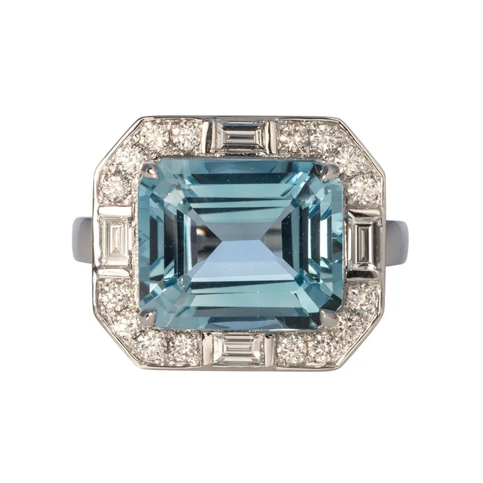 Croghans Rings EmeraldCut Blue Topaz Diamond 18K White Gold Ring