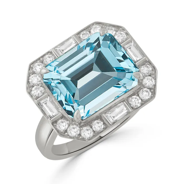 Croghans Rings EmeraldCut Blue Topaz Diamond 18K White Gold Ring