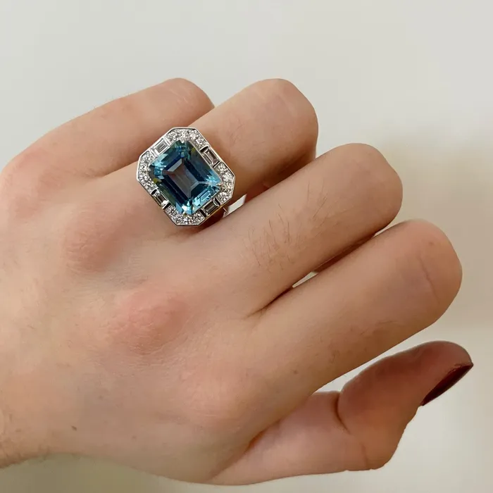 Croghans Rings EmeraldCut Blue Topaz Diamond 18K White Gold Ring